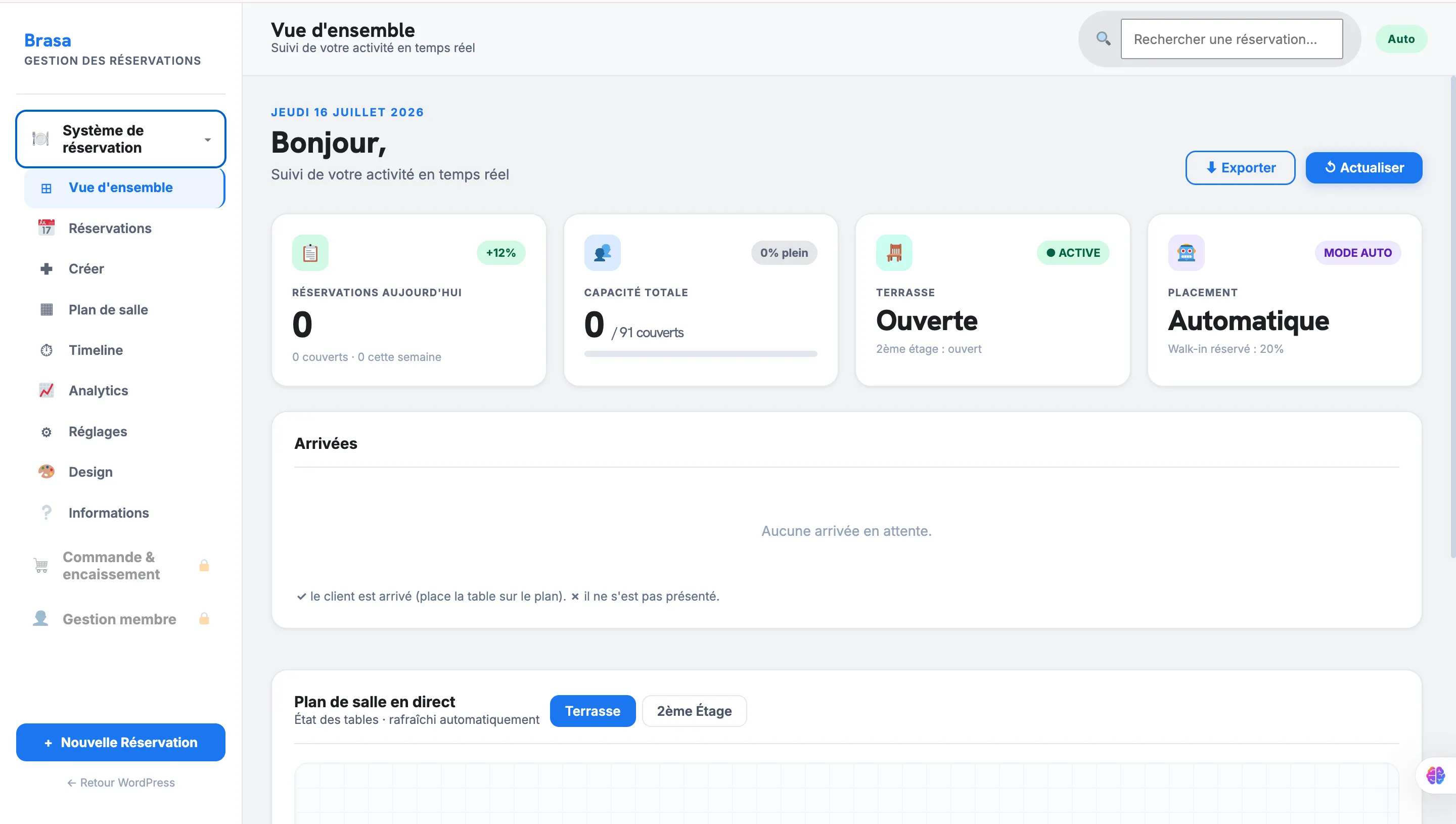 Plateforme de gestion des réservations Brasa — vue d'ensemble