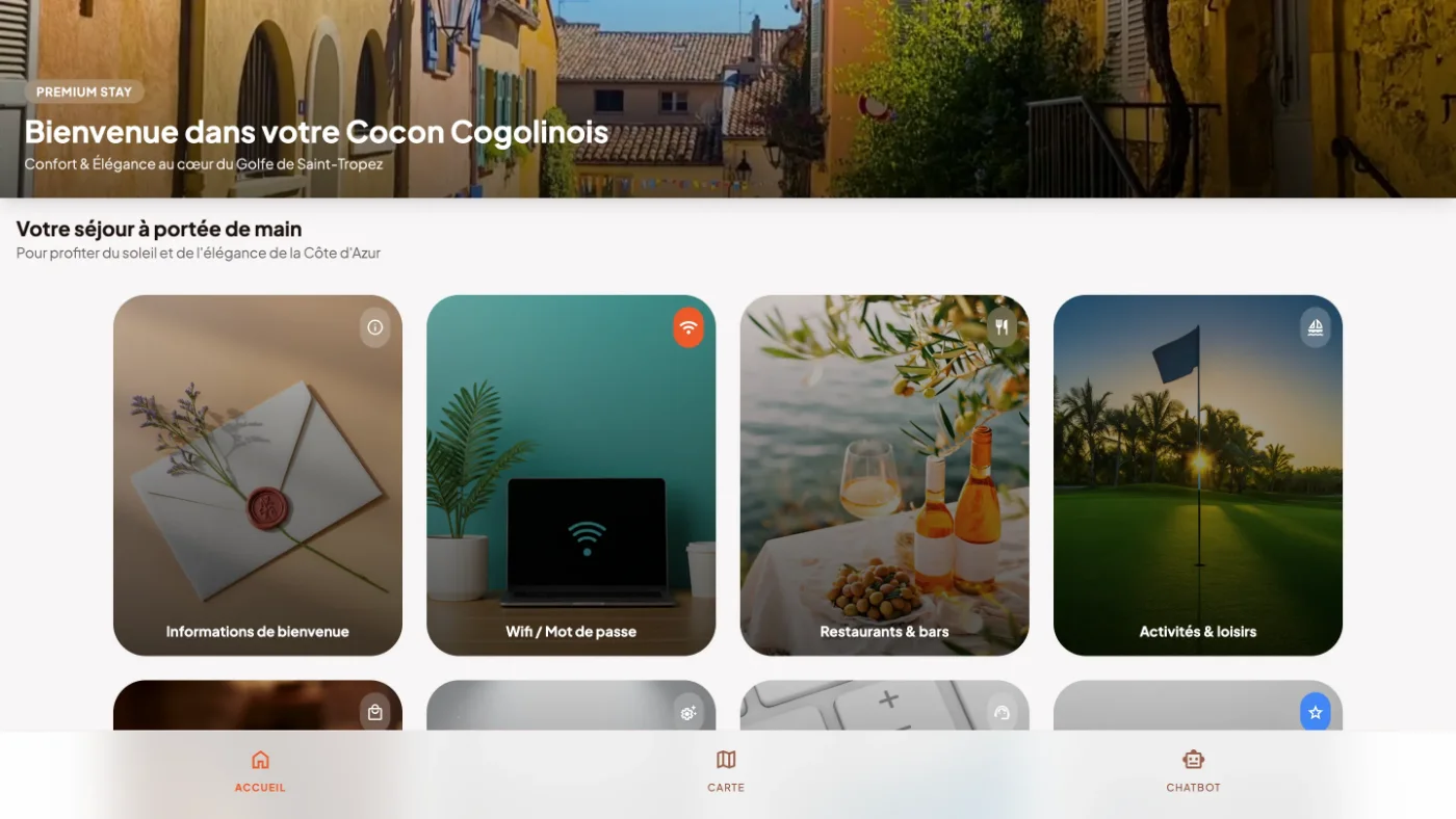 Web app guide d'accueil : sélection d'adresses avec liens site, Instagram et téléphone