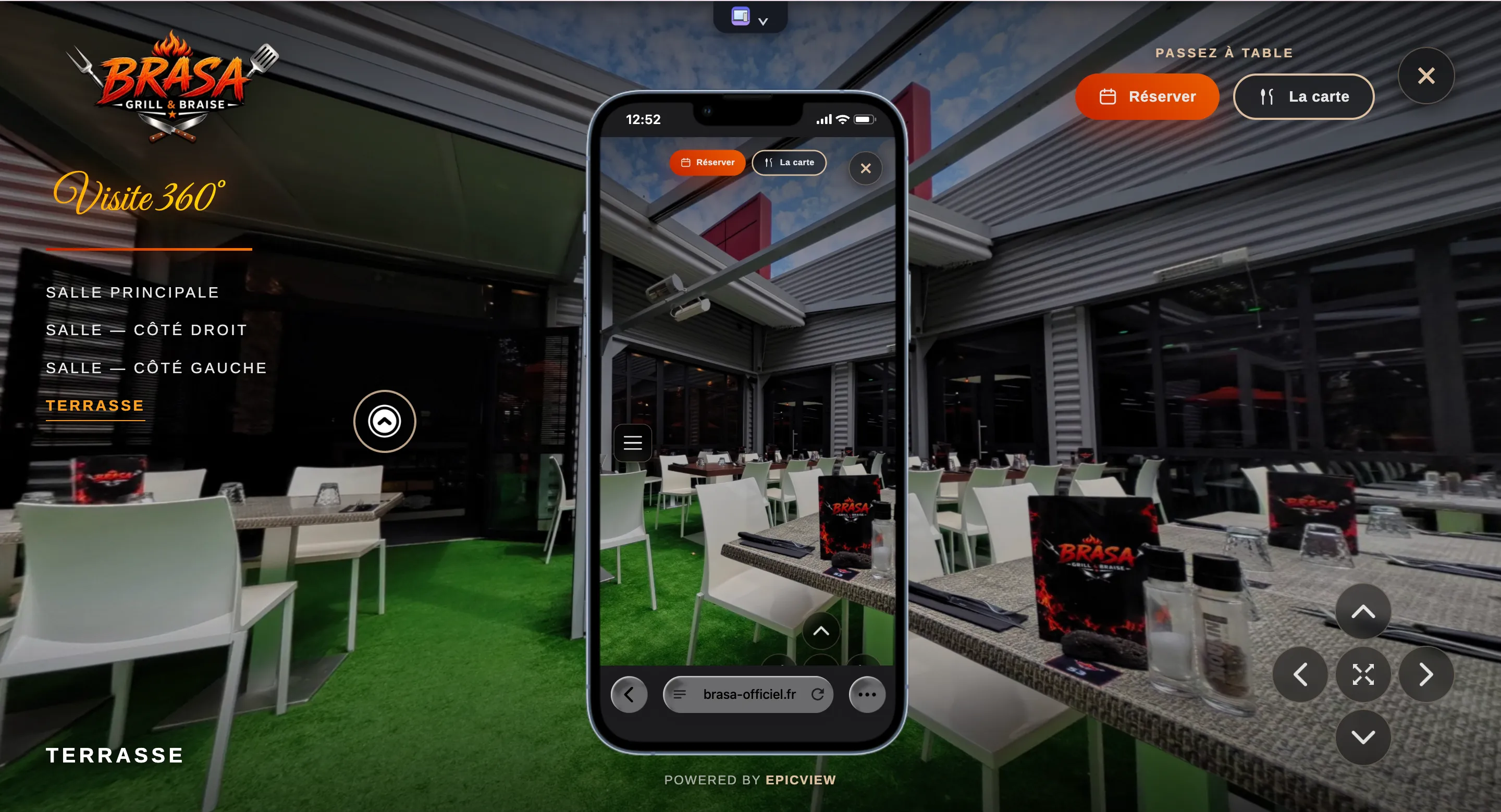 Visite virtuelle 360° de la salle du restaurant BRASA avec les points de passage